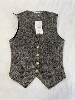 Zara Sleeveless Tweed Vest with Gold Buttons - Black/White